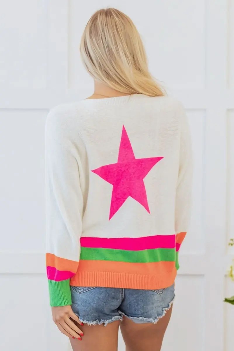 White Star Pattern Colorblock Striped Edge Drop Shoulder Sweater - Love Salve